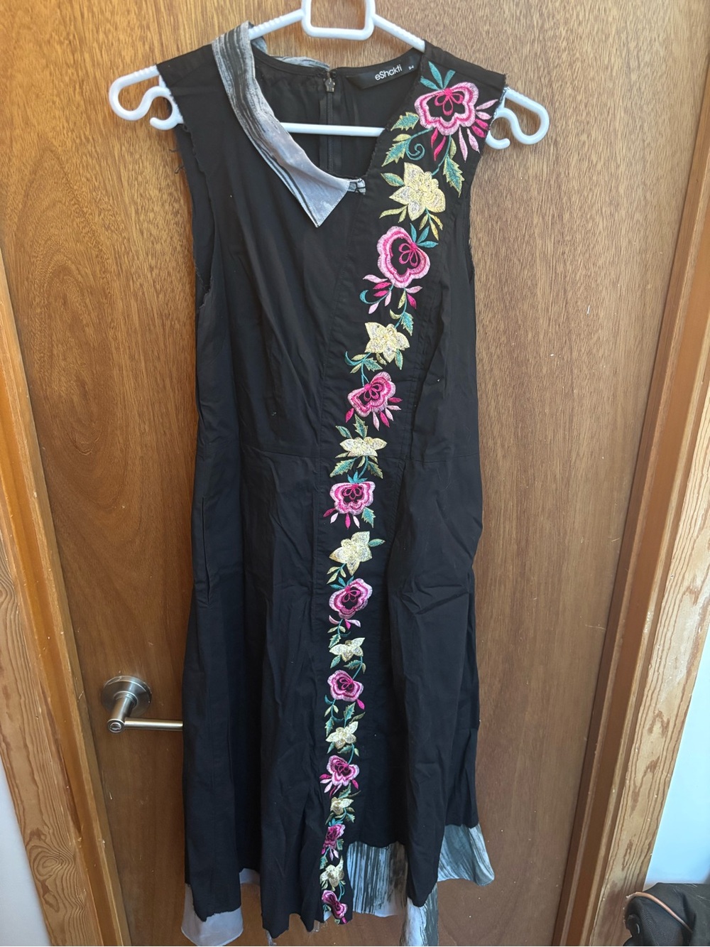 eshakti Black Midi Dress with Pink & Gold Floral Embroidery